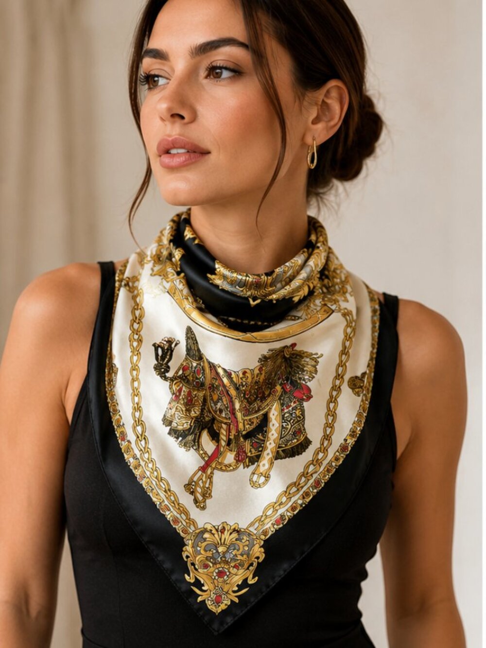 Luxury Satin Shawl with Baroque Ornament Print Black & Gold